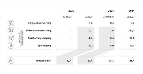 Konsumklima Werte der Indikatoren im Jan 2025 Vergleich Vormonat und Vorjahr c GfK NIM