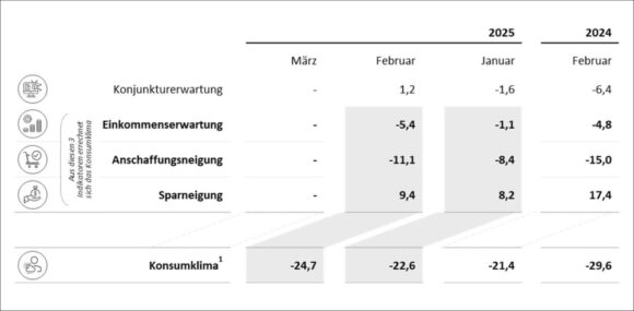 Werte Konsumklima-Indikatoren Februar 2025 im Vergleich c GfK NIM